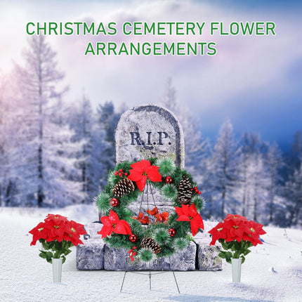 Dingion 4 Pcs 24" Christmas Cemetery Wreath with Easel Stand Gravestone Red Poinsettia Bouquet with Vase Christmas Artificial Memorial Gravestone Wreath Stand Headstone Wreath Outdoor Decoration