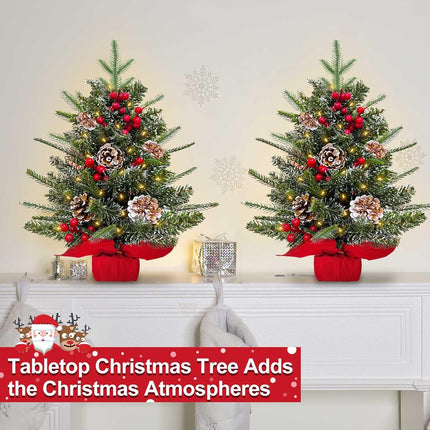 2 Pack 24 Inch Small Christmas Tree with Lights Frosted Thick PE PVC Realistic-Feel Cedar Norfolk Pine Artificial Mini Tabletop Christmas Trees Berries Pinecone Timer Christmas Decoration Indoor Home