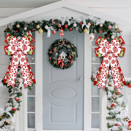 Hotop 2 Pcs Christmas Bow Wreath Bow Xmas Sweet Candy Wreath Burlap Bow Winter Door Wall Decor Red and Green Christmas Tree Topper for Indoor Outdoor Xmas Party Decoration, 18 x 10 Inch