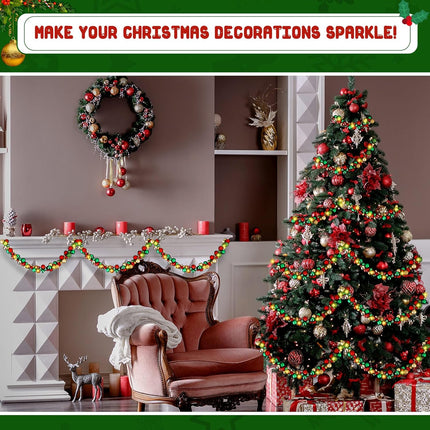 Hiboom 2 Pcs 12 Feet LED Christmas Garland Balls Ornaments Xmas Hanging Bulb Ball Garland with Lights Xmas Tree Balls Decor for Christmas Tree Fireplace Party Holiday Decor (Red, Green, Gold)