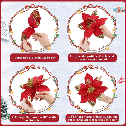 U'Artlines 12 Pcs Large Poinsettias Artificial Christmas Flowers with Clips, 9 Inch Glitter Red Poinsettia Flowers Christmas Decorations for Xmas Tree Year Holiday Wedding Party Ornaments