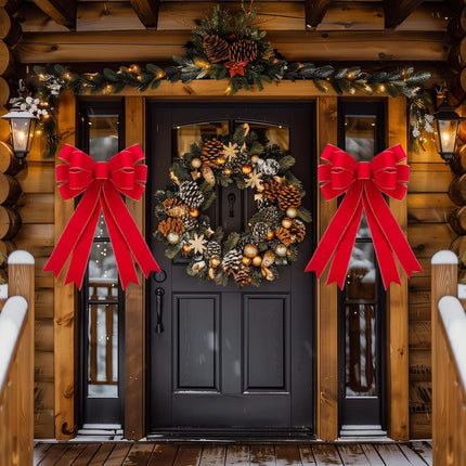 2 Pcs Red Christmas Bows Outdoor Decorations - 16”x24” Large Christmas Tree Topper Bow, Velvet Wreath Bow with Glitter Gold Edge for Xmas Home Front Door Decor