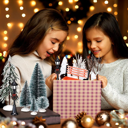 Aoriher 28 Pieces Christmas Mini Artificial Decor Village Tree Set 22 Frosted Christmas Pine Trees and Snow Covered Village Trees 4 Xmas Street Lamp Post and 2 Miniature Park Bench Seat for Christmas