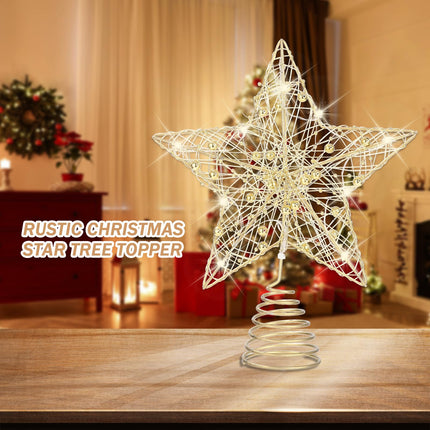 Christmas Tree Topper, 3D Star Tree Topper Christmas Tree Topper Lighted, Prolong Wire Gold Metal Designed Built-in 10 Bulbs String Lights for Christmas Holiday Tree Decoration Indoor Home Decor