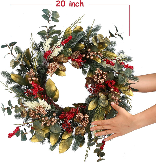 20" Gold Red Berries Christmas Wreaths for Front Door, Metallic Finish Eucalyptus Leaves Winter Xmas Wreath Outdoor Holiday Decoration, Door Wreath Decor for Farmhouse Front Porch Wall Window