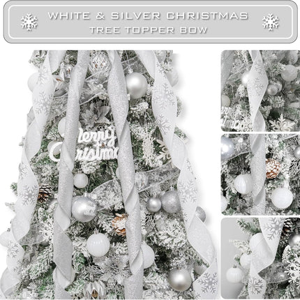 Christmas Tree Topper Bow, 53x13 Inches Large Christmas Bow with Glitter Streamer and Patterned Ribbon, Decorative Bows for Xmas Tree Wreath Door Festival Home Decor(White & Silver Snowflake)