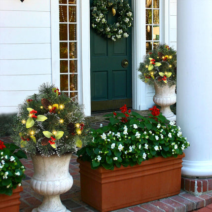 Glintoper Pre-lit Christmas Urn Filler, Lighted Artificial Mini Xmas Pine Trees with Tripod Stake, Light Up 8 Modes & Timer, Battery Powered Outdoor Planter Filler Festival Holiday Home Decor, 2 Pack