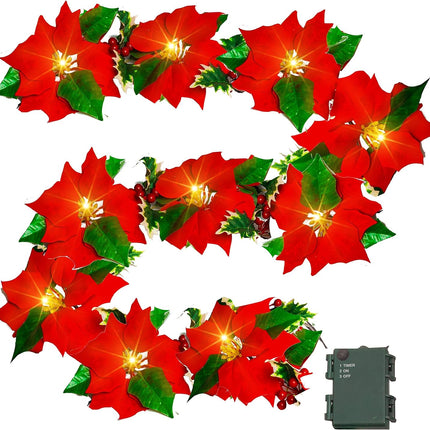 Dazzle Bright 7 FT Christmas Poinsettia Flowers Garland Decorations, 10 LED Lighted Artificial Velvet String Lights with Red Berries Holly Leaves, Xmas Ornaments for Indoor Outdoor Fireplace Decor