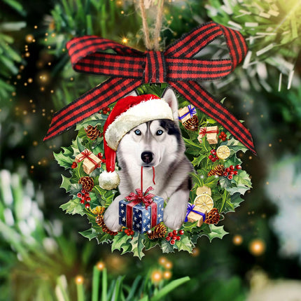Talataca Siberian Husky Wearing Christmas Hat Wreath 2D Flat Christmas Tree Wood Ornament Decor Wooden Hanging Decoration House Present Xmas Eve Keepsake Decorative