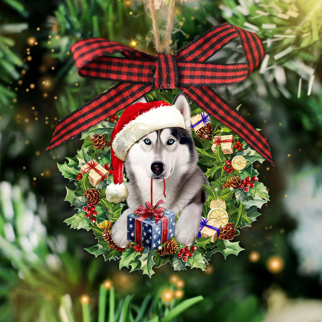 Talataca Siberian Husky Wearing Christmas Hat Wreath 2D Flat Christmas Tree Wood Ornament Decor Wooden Hanging Decoration House Present Xmas Eve Keepsake Decorative