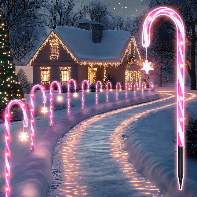 12 Pack Pink Christmas Candy Cane Lights: 21 inch 8 Lighting Modes Lawn Stakes Pathway Light Outdoor - 28 inch Extra Large Pitch, Waterproof for Walkway Markers Yard Xmas Decorations (Pink & White)
