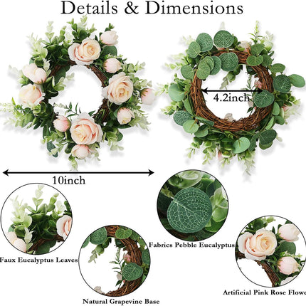 4 Pcs Artificial Rose Candle Rings - Floral Wreaths with Eucalyptus Leaves Greenery Garland for Pillar Candle Lantern Wedding Centerpiece Party Home Table Decor(Champagne)