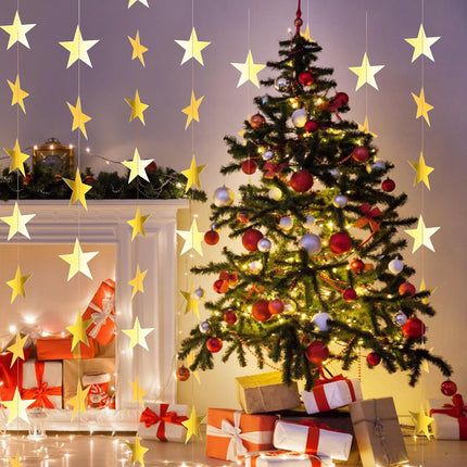 Bremorou Gold Star Garland, 104 Ft Gold Star Garland Banner Bright Star Hanging Bunting Banner Backdrop Reflective Sparkle Little Star Paper Hanging Decor for Birthday Engagement Wedding Party