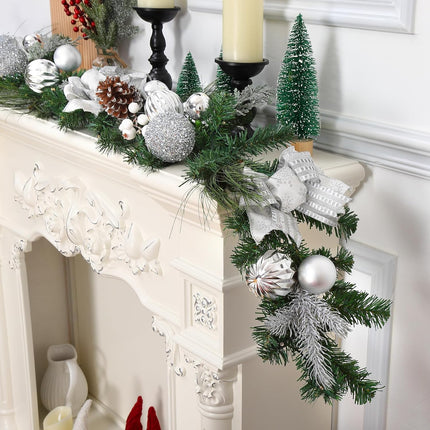 Adeeing 6FT Christmas Garland with Lights, Xmas Battery Operated Artificial Rattan with Classic Silver Decorations, Xmas Garland for Home Indoor Fireplace Mantle Outdoor Decor, Silver