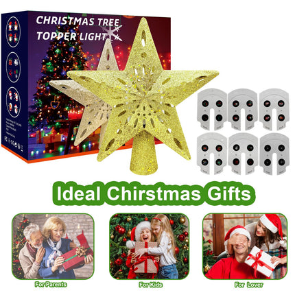 10" Christmas Tree Topper Projector with 6 Projection Modes, Built-in LED Rotating Light, 3D Glitter Dynamic Projector Light Up Tree Topper Star for Xmas Holiday Party Decorations s (Gold)