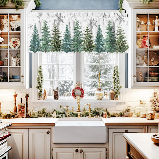 DecorLovee Green Christmas Tree Curtains Valances for Windows Living Room, Xmas Tree Curtain Toppers and Valances for Bedroom, Winter Snowflake Rod Pocket Short Shade Curtains Kitchen Valances 54"x18"