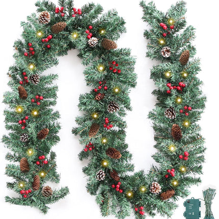 ZIFTY 9FT Christmas Garland with 50LED String Lights Battery Timer Operated Pre-lit Garland Christmas Decoration Greenery Pine Garland Xmas Mantle Garland for Fireplace Holiday Home Indoor Outdoor