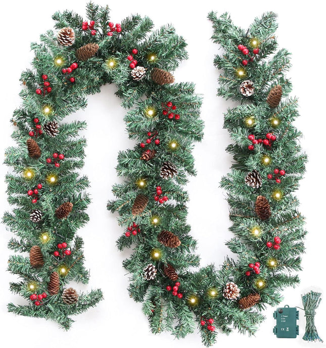 ZIFTY 9FT Christmas Garland with 50LED String Lights Battery Timer Operated Pre-lit Garland Christmas Decoration Greenery Pine Garland Xmas Mantle Garland for Fireplace Holiday Home Indoor Outdoor