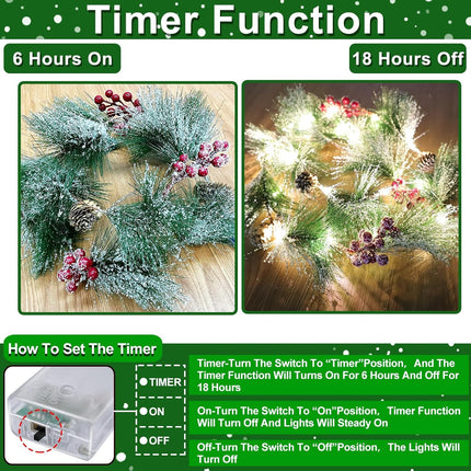 [Timer & Lighted]6 Ft Prelit Christmas Garland with Lights Snowy Cedar Garland Battery Operated 12 Bristle Pine 48 Red Berry 6 Pinecones Xmas Decor Flocked Christmas Garland for Mantle Winter Holiday
