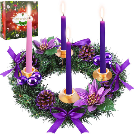 MCEAST 12 Inch Christmas Centerpiece Wreath Candle Holder with Purple Ribbon, Bowknots, Pine Cones for Home and Church Decoration