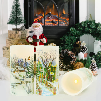 Christmas Flameless Candles Real Wax LED Candles Decor Battery Operated with Timer and Green Christmas Tree Decal,Set of 3,Warm Light