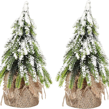 2 Pack Tabletop Mini Christmas Tree, 5.5 inch Artificial Flocked Desktop Christmas Tree with Burlap Base and Snow, Miniature Pine Christmas Tree Perfect for Christmas Home, Party Decorations