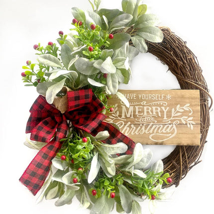 Bibelot Christmas Grapevine Wood Sign Wreath Flocked Ear Leaves and Holly, Rustic Christmas Wreath Farmhouse Front Door Wreath, Winter Front Door Christmas Sign Wreath with Leaves and Berry Wreath