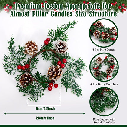 GENMOUS 8 Pcs Christmas Candle Rings Mini Wreaths, Snowy Pine Candle Garlands with Artificial Red Berries Pinecones,Christmas Centerpieces for Tables,Pillar Candle Rings Wreaths for Winter Home Decor