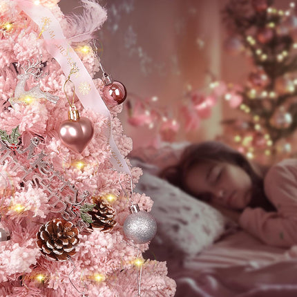 Small Christmas Tree Pink - Mini Christmas Tree Pink, Flocked Christmas Tree Small, Pink Christmas Tree Dcorated, Comes with Ornaments, 2ft Tabletop Christmas Tree with Tree Skirt