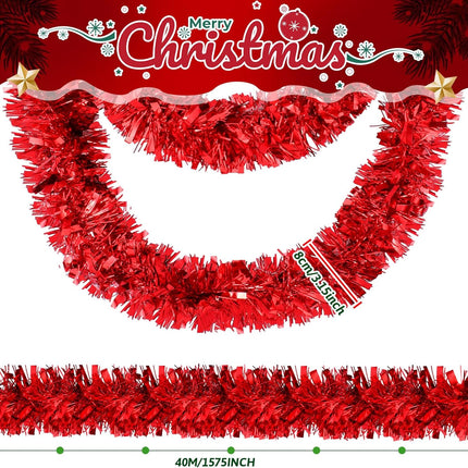 Riceshoot 131.23 ft Christmas Tinsel Garland Metallic Tinsel Twist Garland Bulk Christmas Tree Decorations Christmas Tinsel Glittering Hanging Garlands for Xmas Party Decor (Maple Leaf Red)