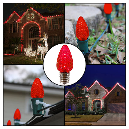 C9 Christmas Lights LED Bulb (Pack of 25) Warm White & RED LED Replacement Christmas Light Bulbs Faceted Retrofit Candle Shape Commercial Grade E17 Socket Roof Lights Bulbs