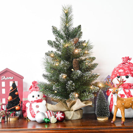 Pre-lit Artificial Mini Christmas Tree, 2ft Snow Tipped Pine Artificial Christmas Tree, Includes 30 Led Warm Lights, Seasonal Indoor Home Decor with Decorative Burlap Base