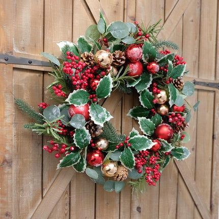 18 Inch Christmas Shatterproof Eucalyptus Pine Wreath for Front Door, Winter Green and Red Holly Berries Home Wreath, Xmas Home Decor Wreath with Christmas Balls
