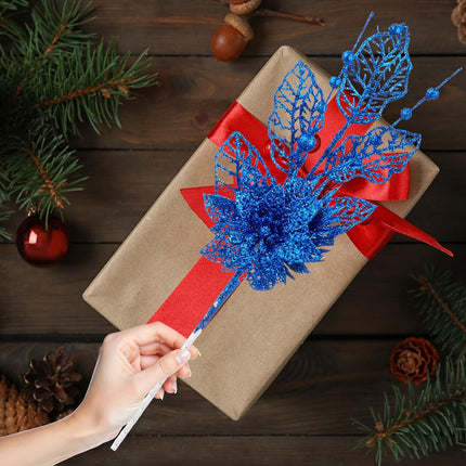 24 Pack Christmas Tree Ornaments - Artificial Flowers Glitter Berry Stems Christmas Floral Picks Branches for Xmas Tree Decorations Vase Filler Holiday Wedding Party Home Decor (Blue)