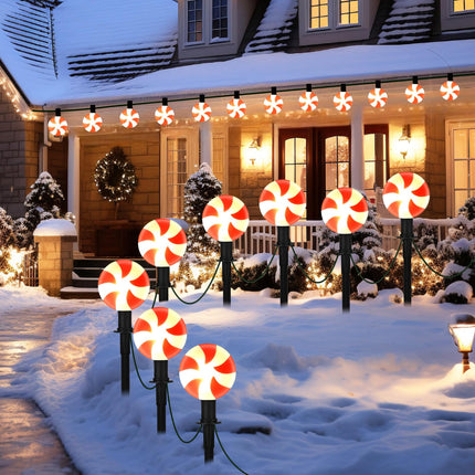 C9 Christmas Pathway Lights Outdoor - 7FT Christmas String Light with 4 Lollipop LED Marker Lights, Red and White Christmas Candy Landscape Lights for Garden Lawn Party Decor - 2 Pack