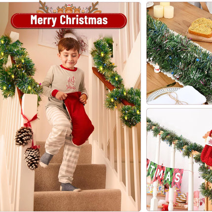 Christmas Garland Decorations-14.7 FT Christmas Garland with Lights, Fluffy Soft Tinsel Lighted Green Garland for Mantle, Christmas Tree Greenery Garland Decor Outdoor Indoor
