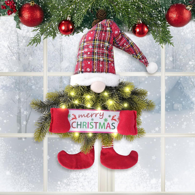 30 Inch Christmas Wreath Gnome,Pine Needle Swedish Tomte Christmas Wreath,Festive Hanging Ornament with LED String Lights for Front Door,Window,Porch,Indoor/Outdoor Xmas Decoration