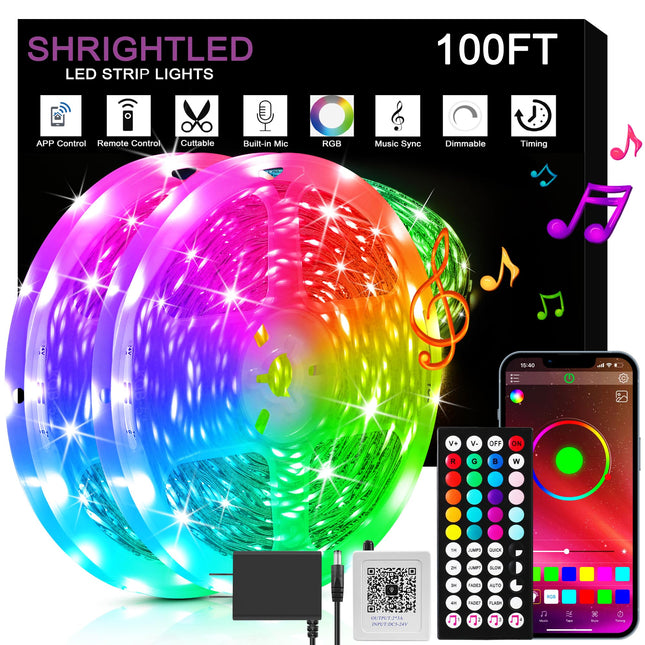 Led Lights for Bedroom 100ft (2 Rolls of 50ft) Music Sync Color Changing, Bluetooth RGB Led Strip Lights with Remote and Smart App Control, for Room Lighting Flexible Home Décor
