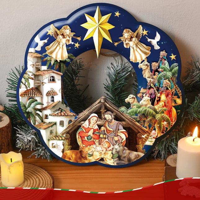 Holy Family Wreath Decorations Christmas Front Door Wreaths Sign Wooden Nativity Scene Wreath Religious Nativity Scene Door Decoration for Xmas Home Window Wall Decor(Holy Family)