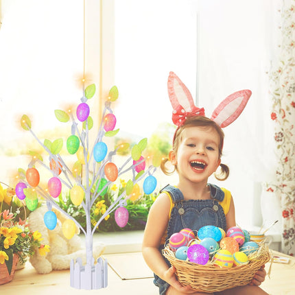 24" Pre-lit Lighted Easter Egg Tree with 18 Hanging Easter Egg Ornaments 28 LED Light Indoor Battery Operated Timer Function Table Decor for Home Party Holiday Spring Decoration Easter Party