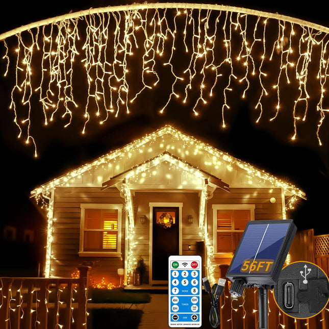Solar Icicle Lights Outdoor Decorations - 56Ft 506 LED Icicle Christmas Lights Outdoor Waterproof with Remote, 8 Modes Warm Icicle String Lights with 101 Drops for Fireplace Wedding Porch Decor