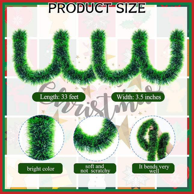 33FT Christmas Tinsel Garland Green Metallic Tinsel Twist Garland Artificial Greenery Pine Hanging Garland for Xmas Tree Decoration Wedding Party Supplies (Green)
