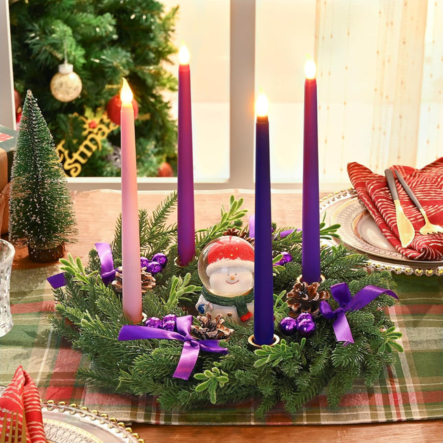 Dolicer 13.5 Inch Christmas Advent Wreath Candle Holder, Cone Purple Bow Christmas Wreath Advent 4 Candle Holders for Xmas Centerpiece Decor Winter Holidays Home Decor