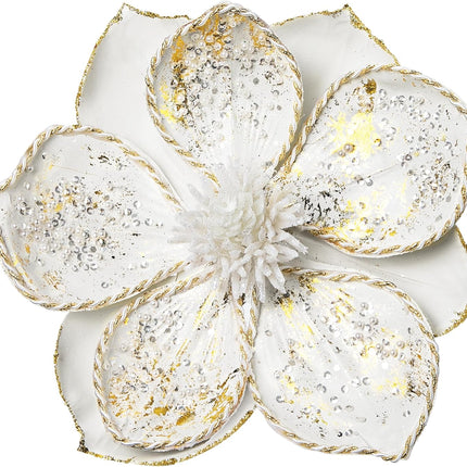 Briful 8’’ Large Heads Christmas Glitter Magnolia Flowers Christmas Tree Ornaments Set of 4 Artificial Flowers with Picks Stems for Xmas Tree Holiday Decorations,White