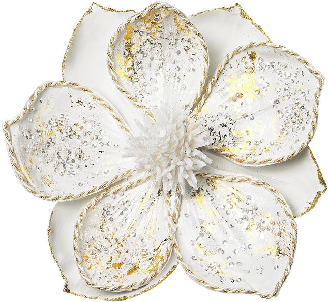 Briful 8’’ Large Heads Christmas Glitter Magnolia Flowers Christmas Tree Ornaments Set of 4 Artificial Flowers with Picks Stems for Xmas Tree Holiday Decorations,White