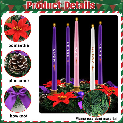 12in Christmas Advent Wreath 5 Candle Holder with Candles, Metal Cups for Taper Candles Advent Wreath and Candles Set Safety Fire Retardant Centerpiece Decorations for Table Indoor Home Church