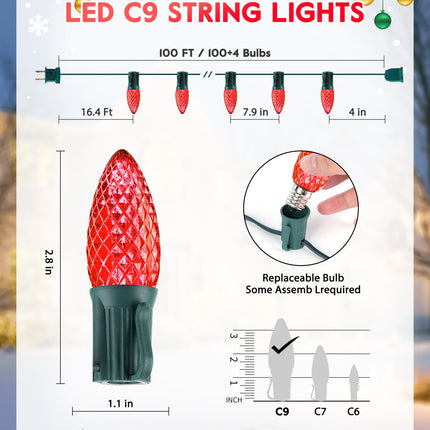 Minetom C9 Christmas String Lights, 100 Ft Red C9 Outdoor Christmas Lights with 100 Strawberry C9 Led Bulbs, Connectable UL for Outdoor Indoor Roofline Holiday Backyard Xmas Decor