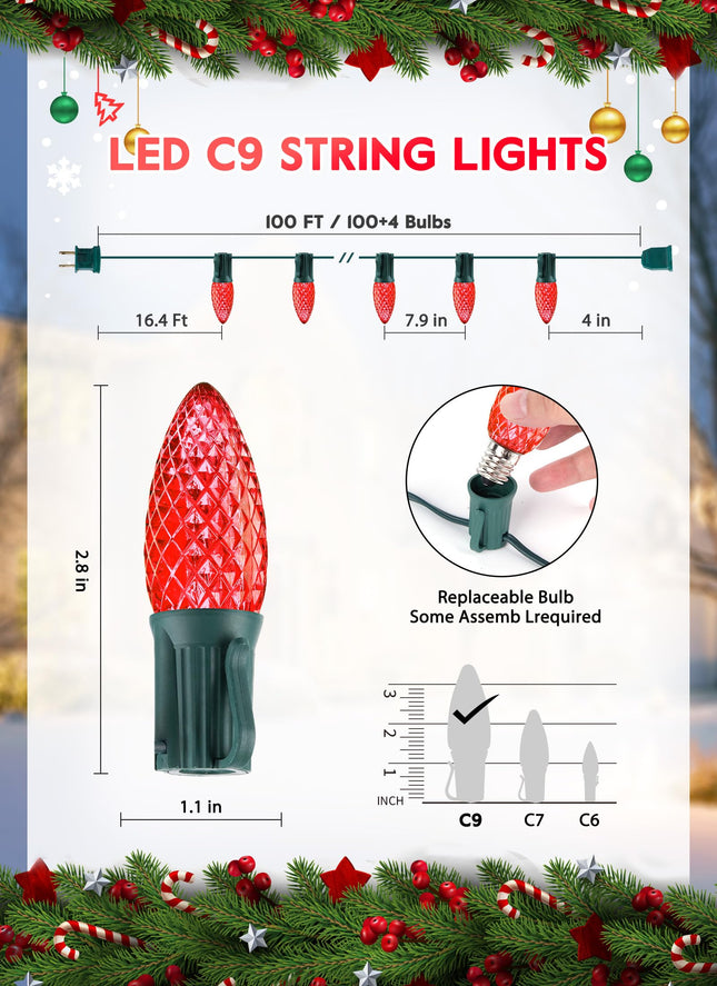 Minetom C9 Christmas String Lights, 100 Ft Red C9 Outdoor Christmas Lights with 100 Strawberry C9 Led Bulbs, Connectable UL for Outdoor Indoor Roofline Holiday Backyard Xmas Decor