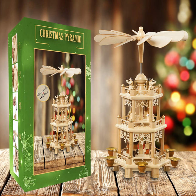 German Christmas Decoration Pyramid 18 Inches Nativity Scene. Holiday Nativity Carousel.6 Candle Holders. German Design