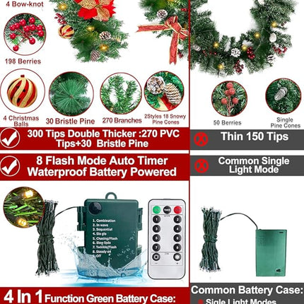 2 Pack 9 Ft Each Thicker Prelit Christmas Garland 8 Modes Timer 5 Poinsettia 4 Balls 300 Tips 198 Red Berry 4 Bow 18 Pine Cone Cedar Garland Xmas Decorations Home Indoor Outdoor, Total 18 Ft 100 LED